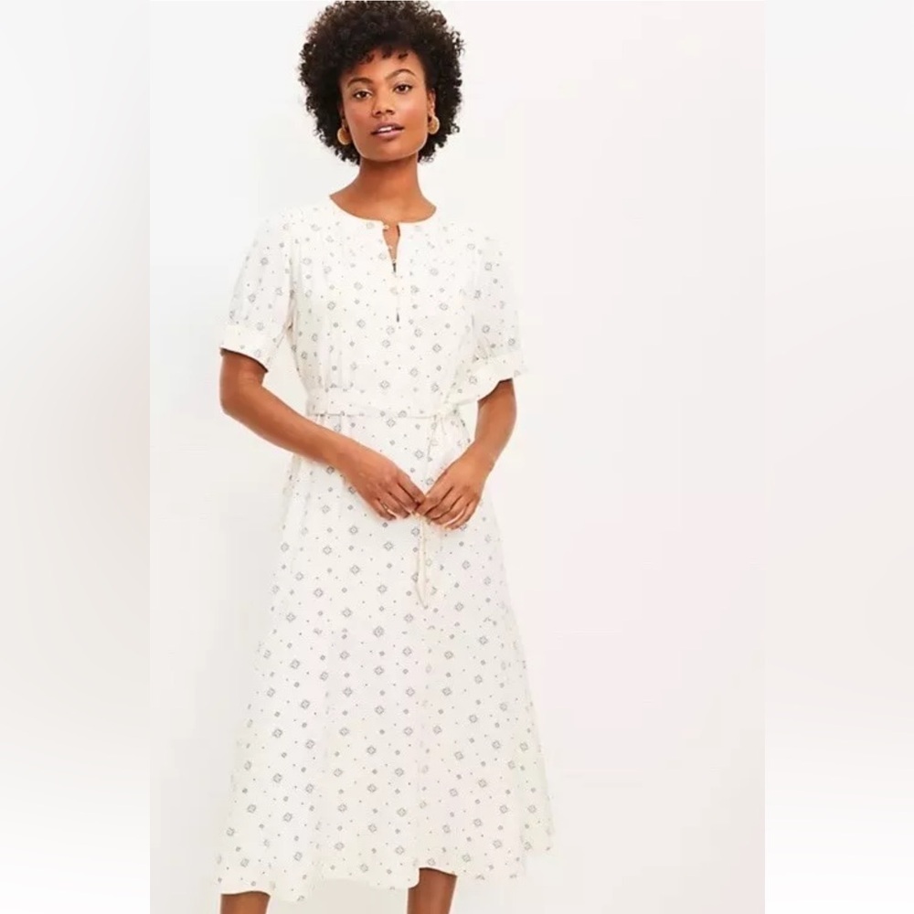 Loft Geo Puff Sleeve Diamond Print Tiered Prairie Midi Dress Belt Cream 8 M